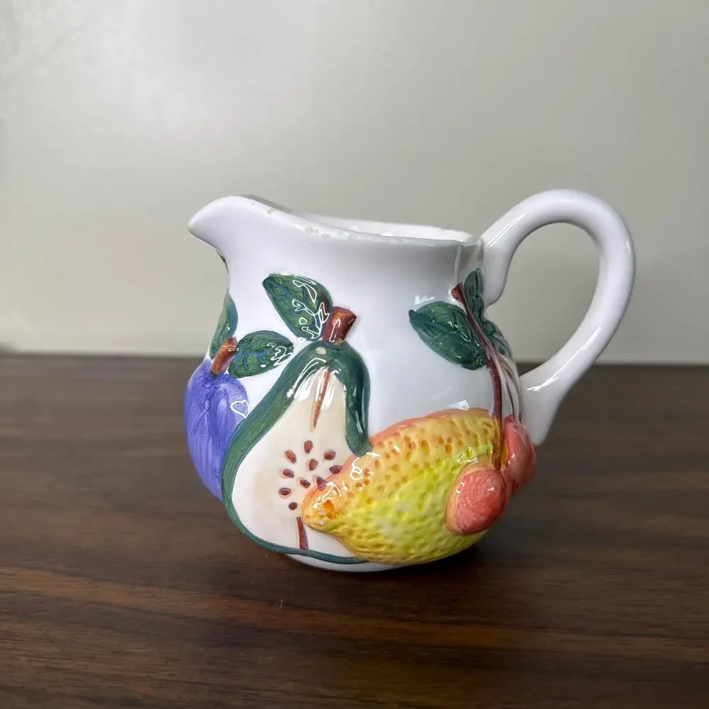 Vintage Fruit Ceramic Creamer Pitcher: Hand-Painted Pear, Plum & Lemon